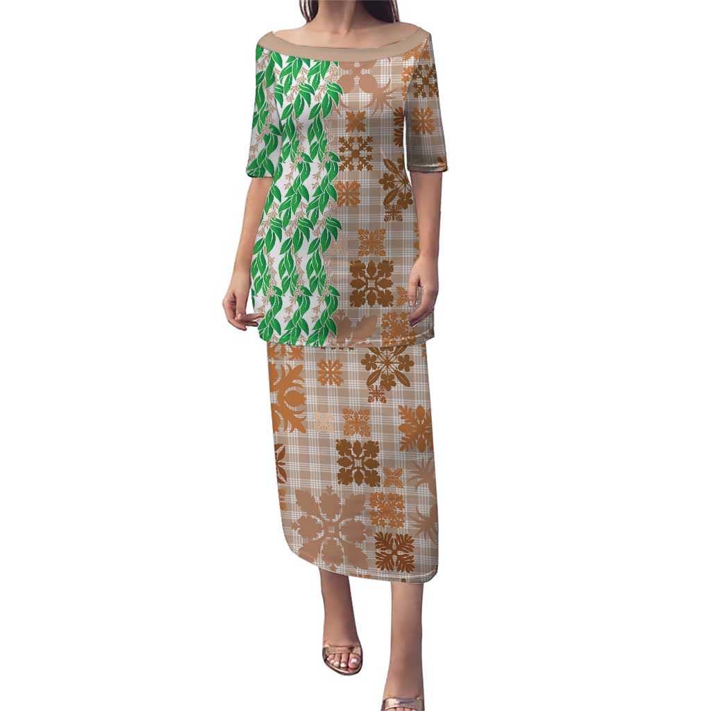 Aloha Hawaii Palaka Tuberose Lei Family Matching Puletasi and Hawaiian Shirt Hawaiian Quilt Seamless Style LT14 Beige - Polynesian Pride
