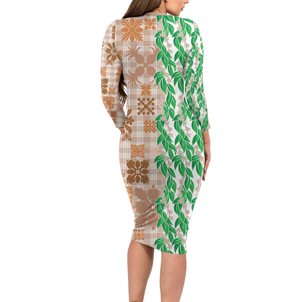 Aloha Hawaii Palaka Tuberose Lei Long Sleeve Bodycon Dress Hawaiian Quilt Seamless Style - Polynesian Pride