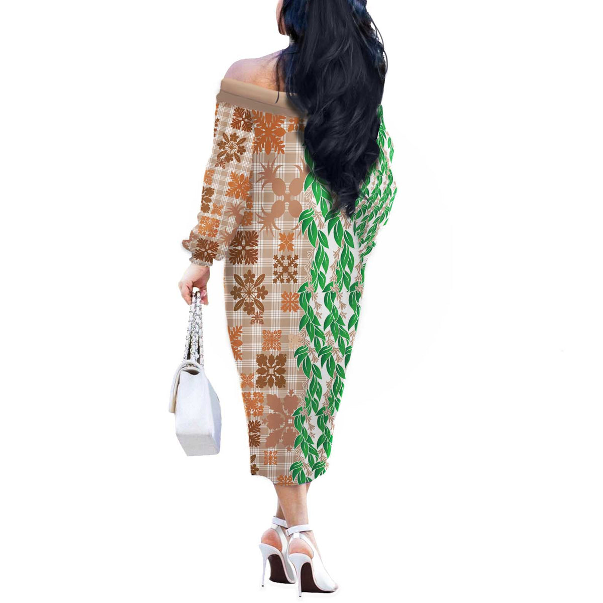 Aloha Hawaii Palaka Tuberose Lei Off The Shoulder Long Sleeve Dress Hawaiian Quilt Seamless Style - Polynesian Pride