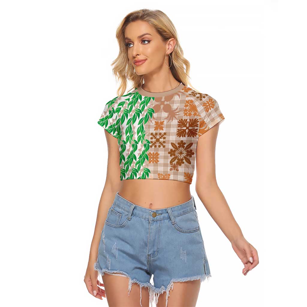 Aloha Hawaii Palaka Tuberose Lei Raglan Cropped T Shirt Hawaiian Quilt Seamless Style - Polynesian Pride