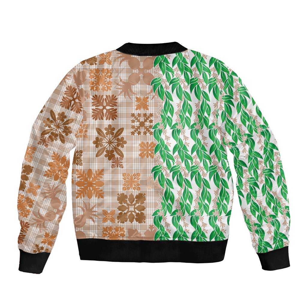Aloha Hawaii Palaka Tuberose Lei Sleeve Zip Bomber Jacket Hawaiian Quilt Seamless Style - Polynesian Pride