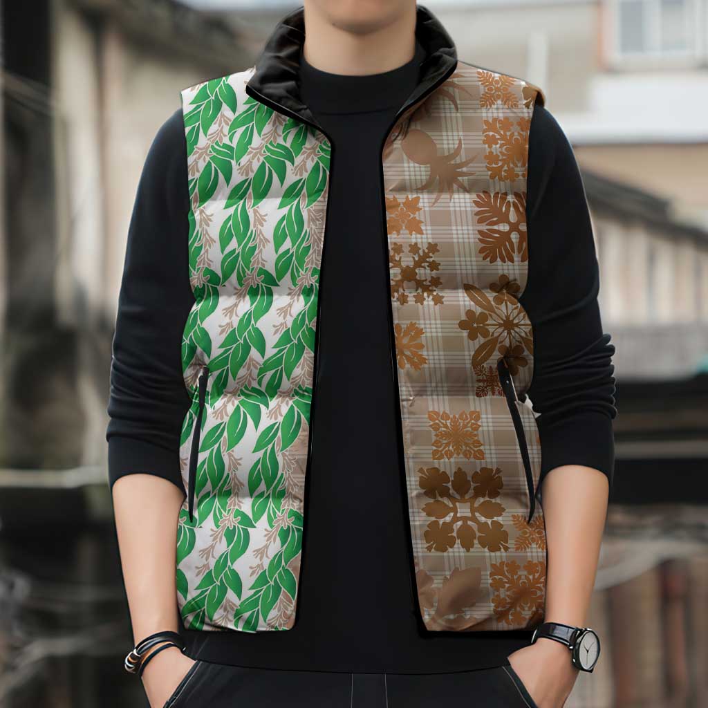 Aloha Hawaii Palaka Tuberose Lei Sleeveless Puffer Jacket Hawaiian Quilt Seamless Style - Polynesian Pride