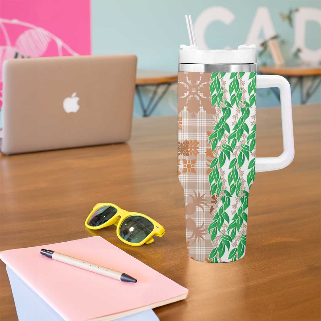 Aloha Hawaii Palaka Tuberose Lei Tumbler With Handle Hawaiian Quilt Seamless Style - Polynesian Pride