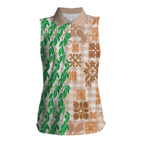 Aloha Hawaii Palaka Tuberose Lei Women Sleeveless Polo Shirt Hawaiian Quilt Seamless Style LT14 Female Beige - Polynesian Pride