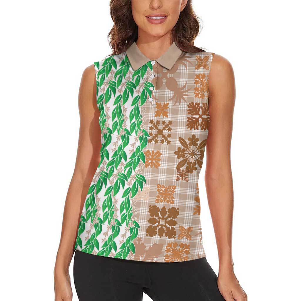 Aloha Hawaii Palaka Tuberose Lei Women Sleeveless Polo Shirt Hawaiian Quilt Seamless Style LT14 - Polynesian Pride