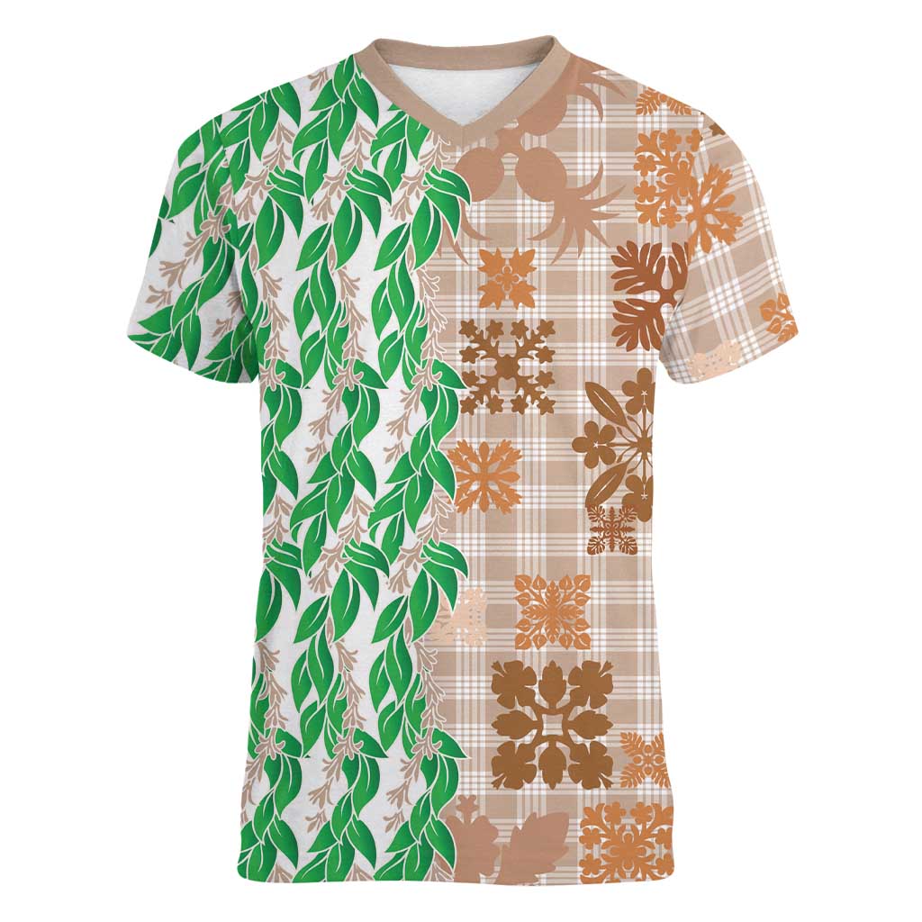 Aloha Hawaii Palaka Tuberose Lei Women V-Neck T-Shirt Hawaiian Quilt Seamless Style - Polynesian Pride
