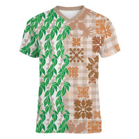 Aloha Hawaii Palaka Tuberose Lei Women V-Neck T-Shirt Hawaiian Quilt Seamless Style - Polynesian Pride