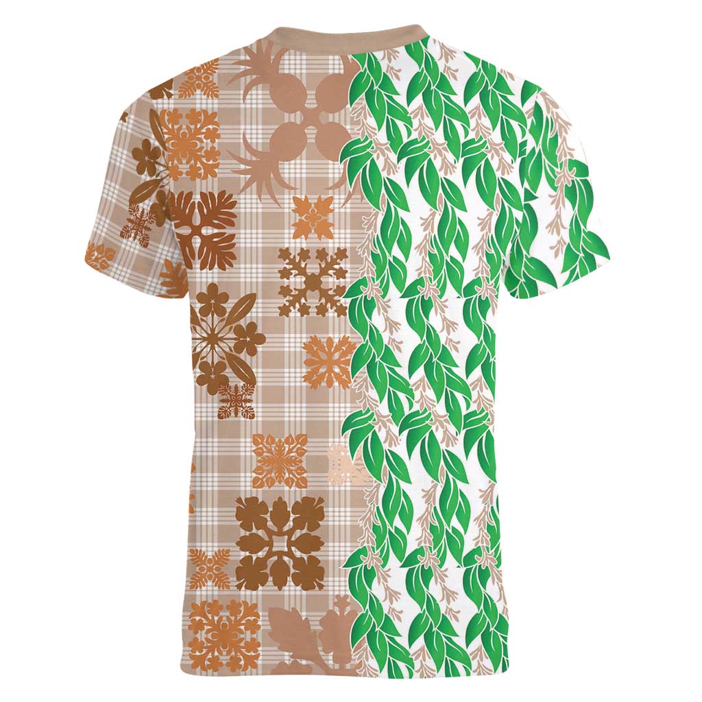 Aloha Hawaii Palaka Tuberose Lei Women V-Neck T-Shirt Hawaiian Quilt Seamless Style - Polynesian Pride