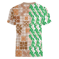 Aloha Hawaii Palaka Tuberose Lei Women V-Neck T-Shirt Hawaiian Quilt Seamless Style - Polynesian Pride