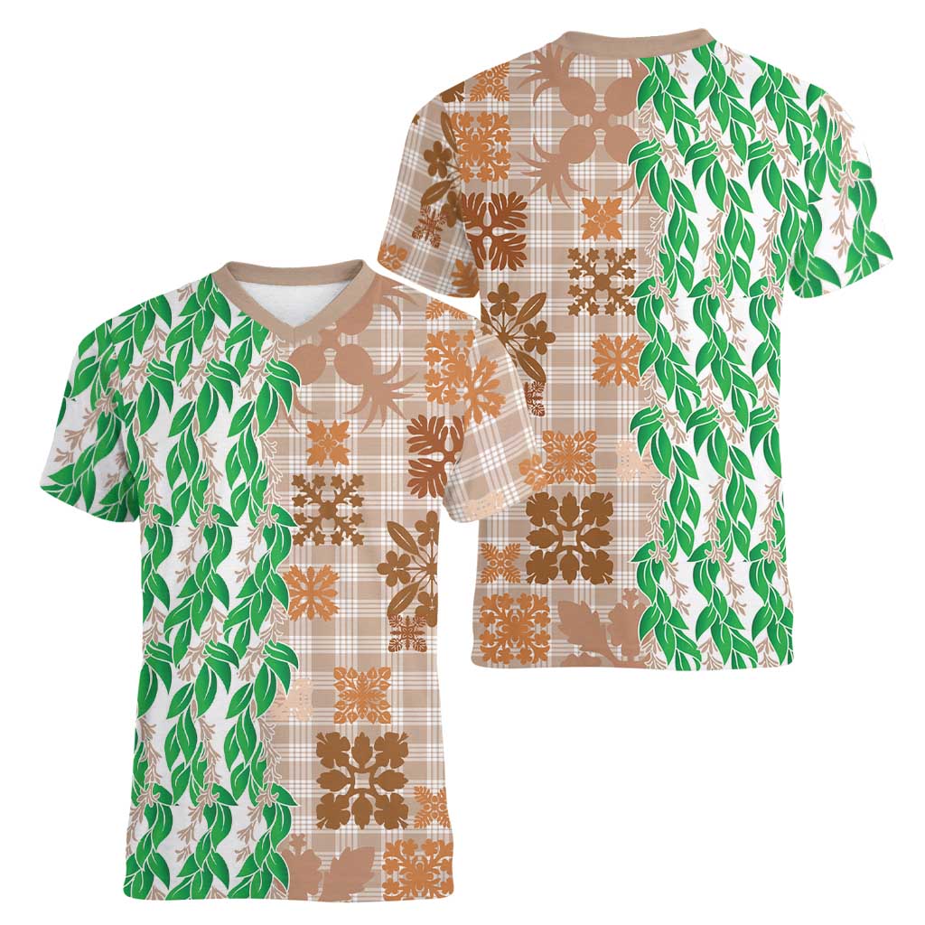 Aloha Hawaii Palaka Tuberose Lei Women V-Neck T-Shirt Hawaiian Quilt Seamless Style - Polynesian Pride