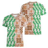 Aloha Hawaii Palaka Tuberose Lei Women V-Neck T-Shirt Hawaiian Quilt Seamless Style - Polynesian Pride