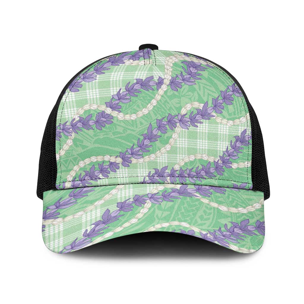 Pastel Green Hawaii Palaka Honohono Pikake Baseball Net Cap Hawaiian Orchid Lei Polynesian Pattern - Polynesian Pride