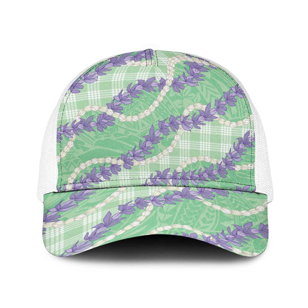 Pastel Green Hawaii Palaka Honohono Pikake Baseball Net Cap Hawaiian Orchid Lei Polynesian Pattern - Polynesian Pride