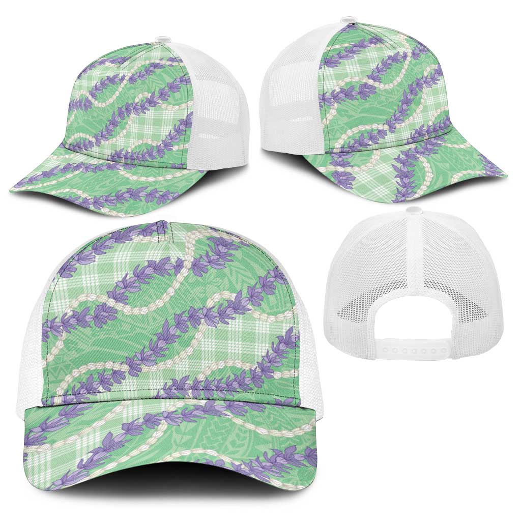 Pastel Green Hawaii Palaka Honohono Pikake Baseball Net Cap Hawaiian Orchid Lei Polynesian Pattern - Polynesian Pride