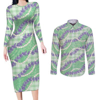 Pastel Green Hawaii Palaka Honohono Pikake Couples Matching Long Sleeve Bodycon Dress and Long Sleeve Button Shirt Hawaiian Orchid Lei Polynesian Pattern LT14 Pastel Green - Polynesian Pride