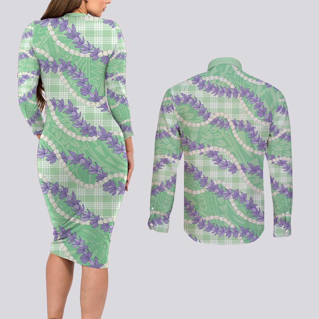 Pastel Green Hawaii Palaka Honohono Pikake Couples Matching Long Sleeve Bodycon Dress and Long Sleeve Button Shirt Hawaiian Orchid Lei Polynesian Pattern LT14 - Polynesian Pride