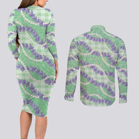 Pastel Green Hawaii Palaka Honohono Pikake Couples Matching Long Sleeve Bodycon Dress and Long Sleeve Button Shirt Hawaiian Orchid Lei Polynesian Pattern LT14 - Polynesian Pride