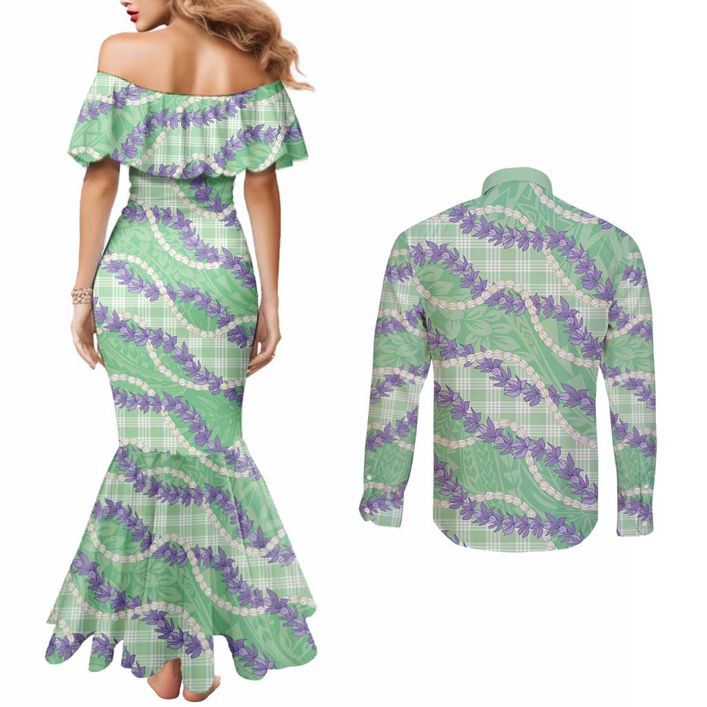 Pastel Green Hawaii Palaka Honohono Pikake Couples Matching Mermaid Dress and Long Sleeve Button Shirt Hawaiian Orchid Lei Polynesian Pattern LT14 - Polynesian Pride