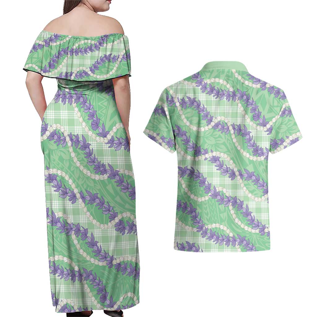 Pastel Green Hawaii Palaka Honohono Pikake Couples Matching Off Shoulder Maxi Dress and Hawaiian Shirt Hawaiian Orchid Lei Polynesian Pattern LT14 - Polynesian Pride