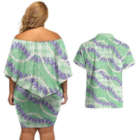 Pastel Green Hawaii Palaka Honohono Pikake Couples Matching Off Shoulder Short Dress and Hawaiian Shirt Hawaiian Orchid Lei Polynesian Pattern LT14 - Polynesian Pride