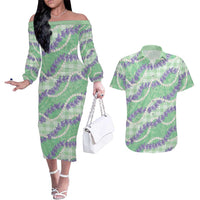 Pastel Green Hawaii Palaka Honohono Pikake Couples Matching Off The Shoulder Long Sleeve Dress and Hawaiian Shirt Hawaiian Orchid Lei Polynesian Pattern LT14 Pastel Green - Polynesian Pride