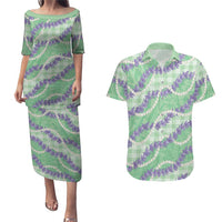 Pastel Green Hawaii Palaka Honohono Pikake Couples Matching Puletasi and Hawaiian Shirt Hawaiian Orchid Lei Polynesian Pattern - Polynesian Pride