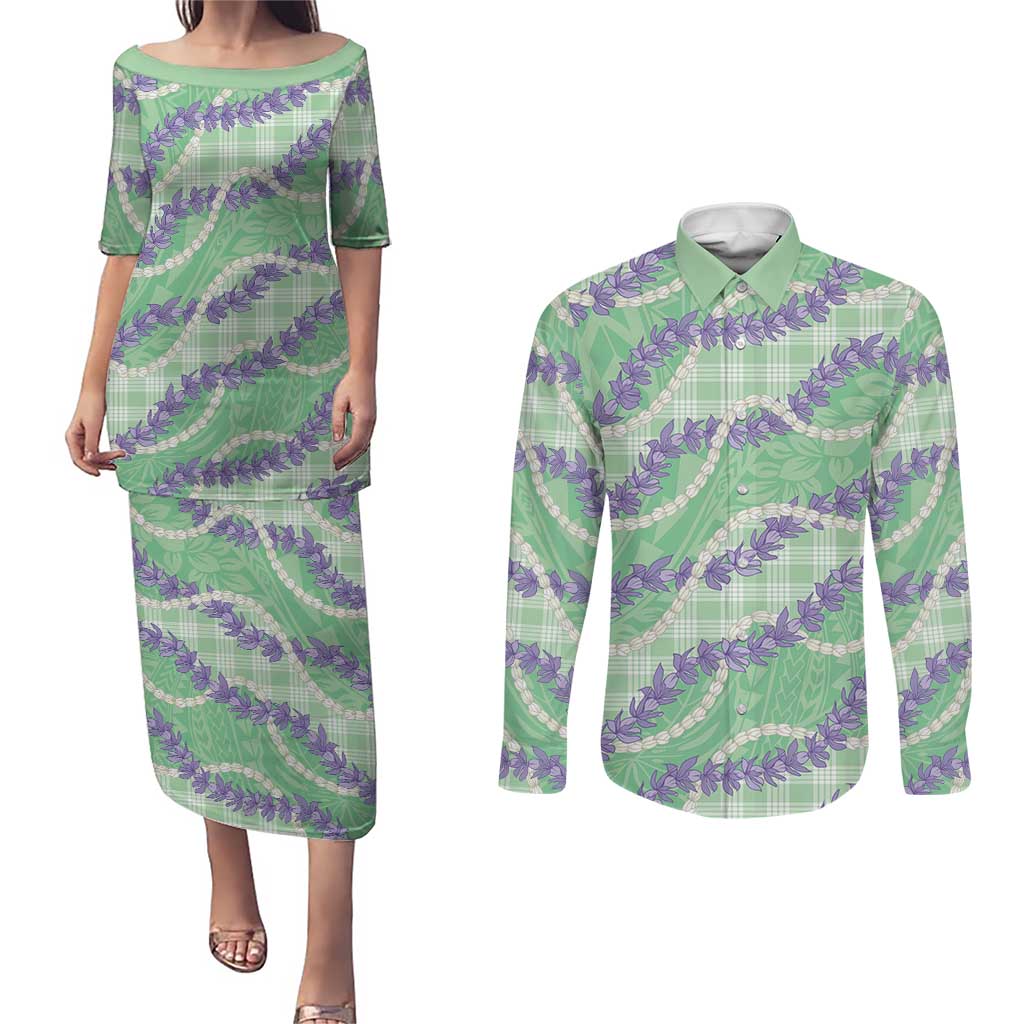 Pastel Green Hawaii Palaka Honohono Pikake Couples Matching Puletasi and Long Sleeve Button Shirt Hawaiian Orchid Lei Polynesian Pattern - Polynesian Pride