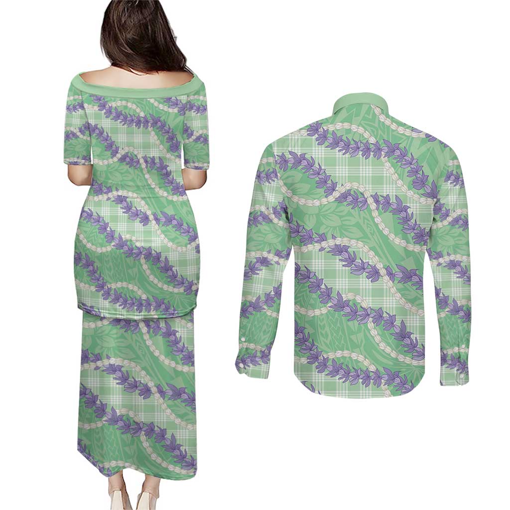 Pastel Green Hawaii Palaka Honohono Pikake Couples Matching Puletasi and Long Sleeve Button Shirt Hawaiian Orchid Lei Polynesian Pattern - Polynesian Pride