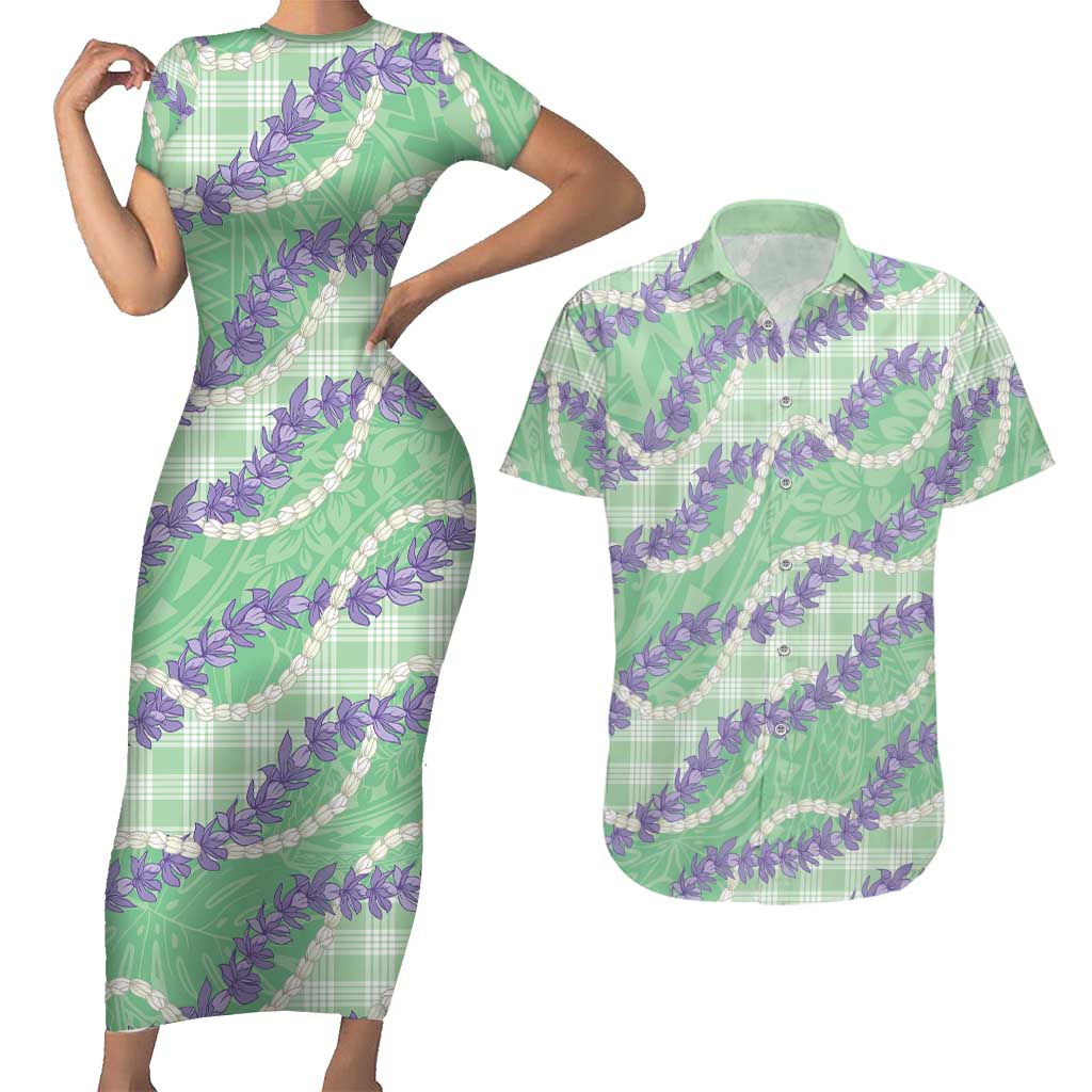 Pastel Green Hawaii Palaka Honohono Pikake Couples Matching Short Sleeve Bodycon Dress and Hawaiian Shirt Hawaiian Orchid Lei Polynesian Pattern LT14 Pastel Green - Polynesian Pride