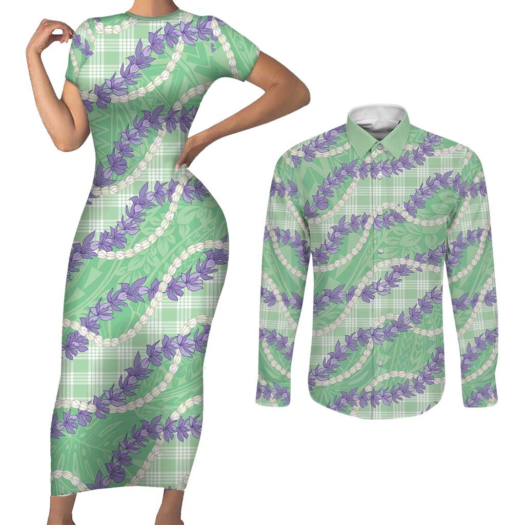 Pastel Green Hawaii Palaka Honohono Pikake Couples Matching Short Sleeve Bodycon Dress and Long Sleeve Button Shirt Hawaiian Orchid Lei Polynesian Pattern - Polynesian Pride
