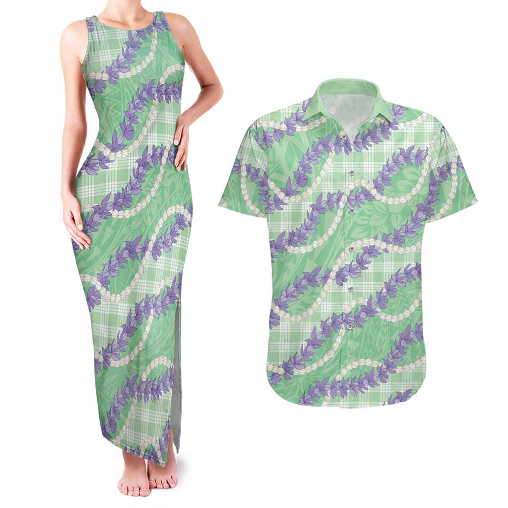 Pastel Green Hawaii Palaka Honohono Pikake Couples Matching Tank Maxi Dress and Hawaiian Shirt Hawaiian Orchid Lei Polynesian Pattern - Polynesian Pride