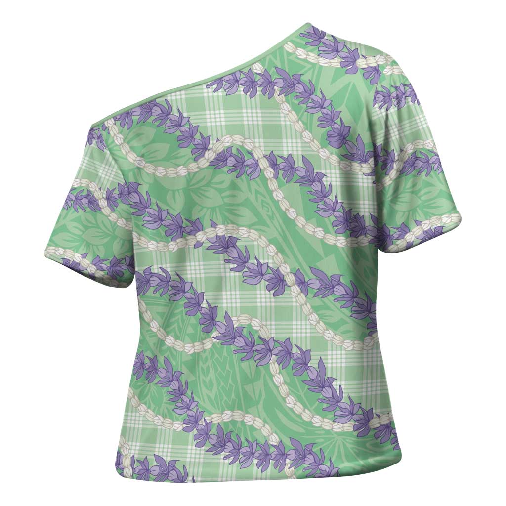 Pastel Green Hawaii Palaka Honohono Pikake Cross Shoulder Shirt Hawaiian Orchid Lei Polynesian Pattern - Polynesian Pride