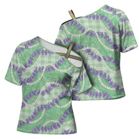 Pastel Green Hawaii Palaka Honohono Pikake Cross Shoulder Shirt Hawaiian Orchid Lei Polynesian Pattern - Polynesian Pride