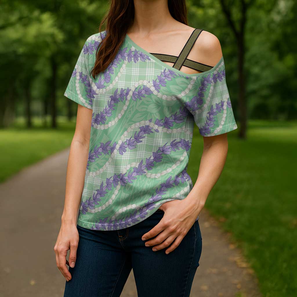 Pastel Green Hawaii Palaka Honohono Pikake Cross Shoulder Shirt Hawaiian Orchid Lei Polynesian Pattern - Polynesian Pride