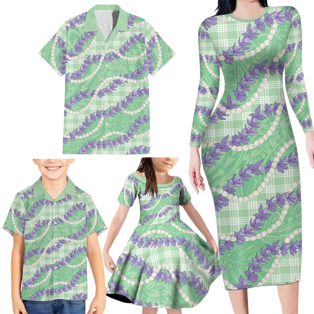 Pastel Green Hawaii Palaka Honohono Pikake Family Matching Long Sleeve Bodycon Dress and Hawaiian Shirt Hawaiian Orchid Lei Polynesian Pattern - Polynesian Pride