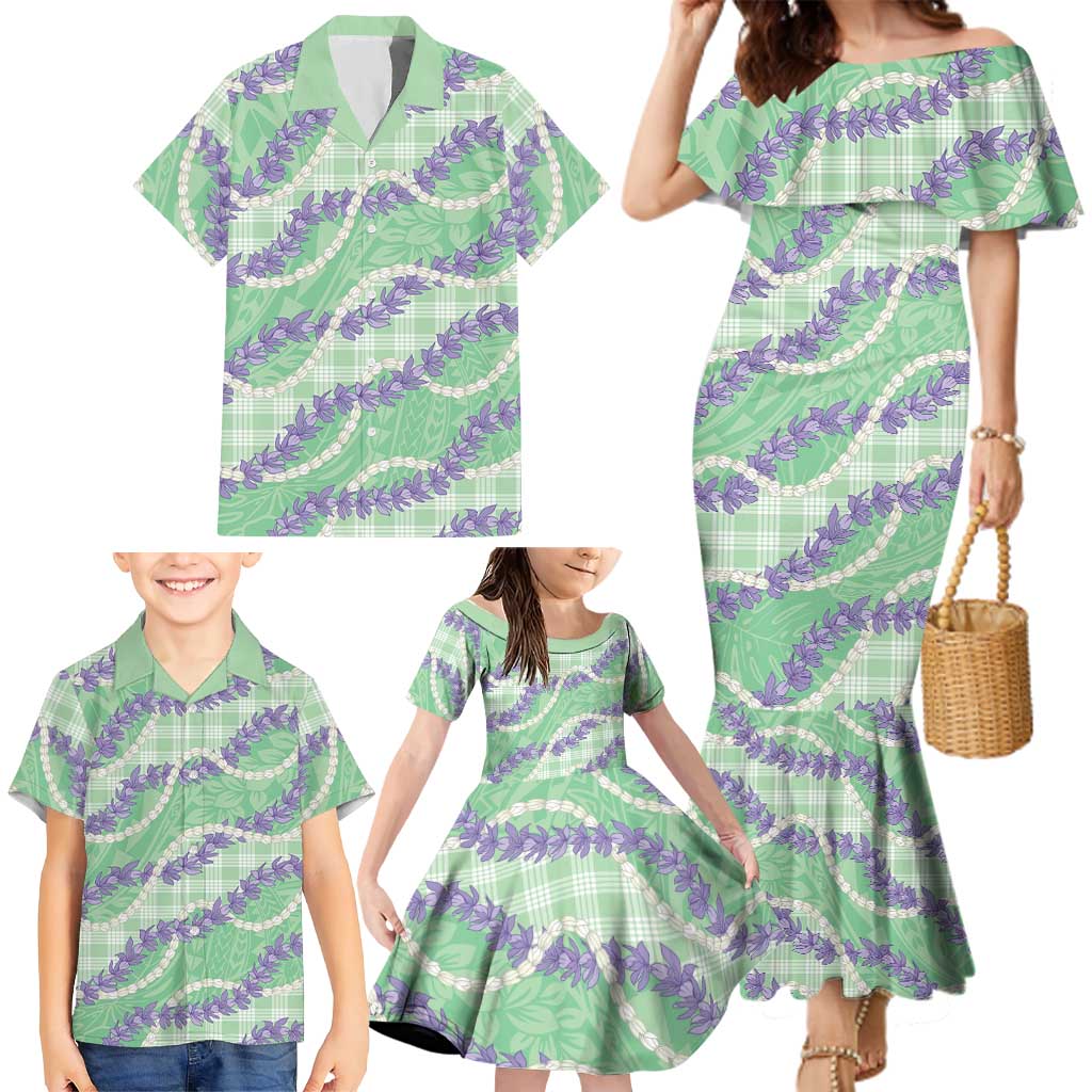 Pastel Green Hawaii Palaka Honohono Pikake Family Matching Mermaid Dress and Hawaiian Shirt Hawaiian Orchid Lei Polynesian Pattern LT14 - Polynesian Pride