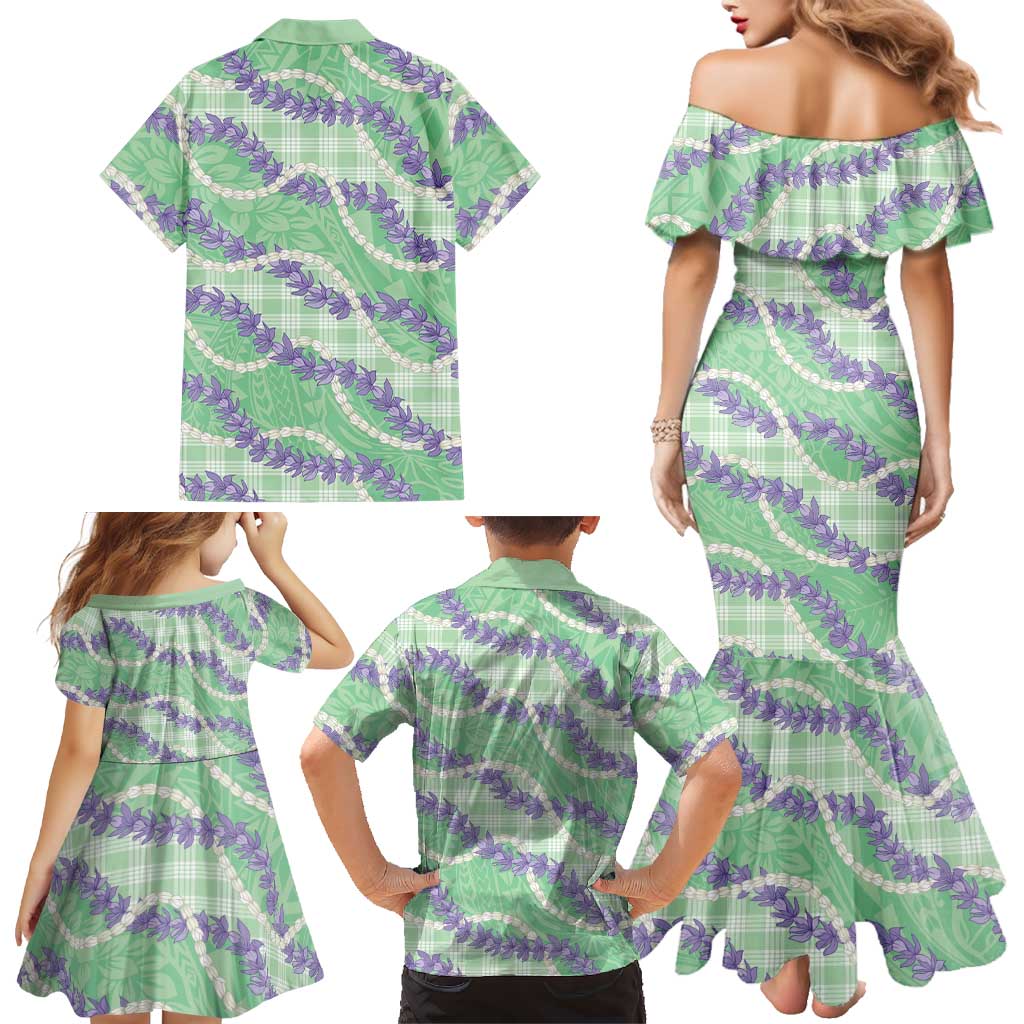 Pastel Green Hawaii Palaka Honohono Pikake Family Matching Mermaid Dress and Hawaiian Shirt Hawaiian Orchid Lei Polynesian Pattern LT14 - Polynesian Pride