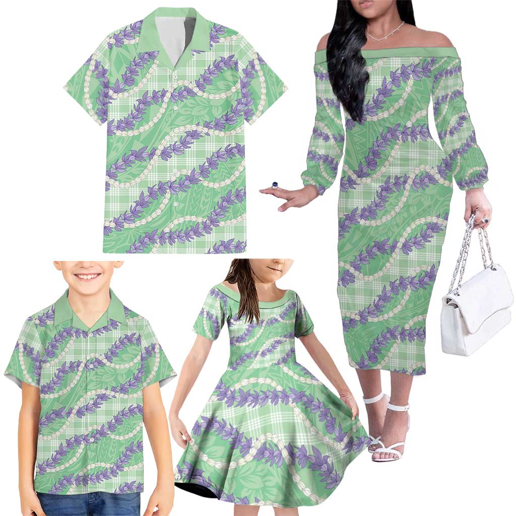 Pastel Green Hawaii Palaka Honohono Pikake Family Matching Off The Shoulder Long Sleeve Dress and Hawaiian Shirt Hawaiian Orchid Lei Polynesian Pattern - Polynesian Pride