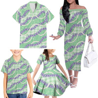 Pastel Green Hawaii Palaka Honohono Pikake Family Matching Off The Shoulder Long Sleeve Dress and Hawaiian Shirt Hawaiian Orchid Lei Polynesian Pattern LT14 - Polynesian Pride