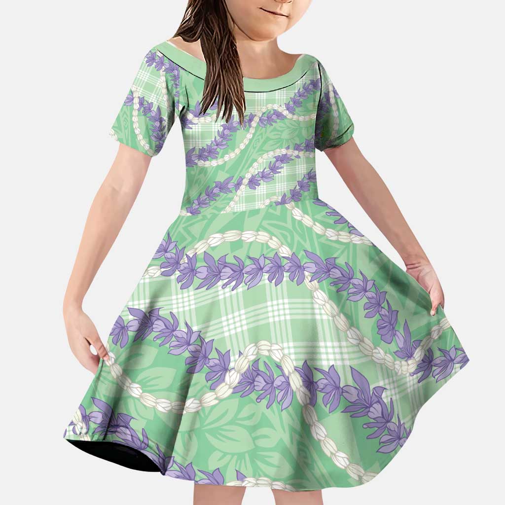 Pastel Green Hawaii Palaka Honohono Pikake Family Matching Off Shoulder Maxi Dress and Hawaiian Shirt Hawaiian Orchid Lei Polynesian Pattern LT14 Daughter's Dress Pastel Green - Polynesian Pride