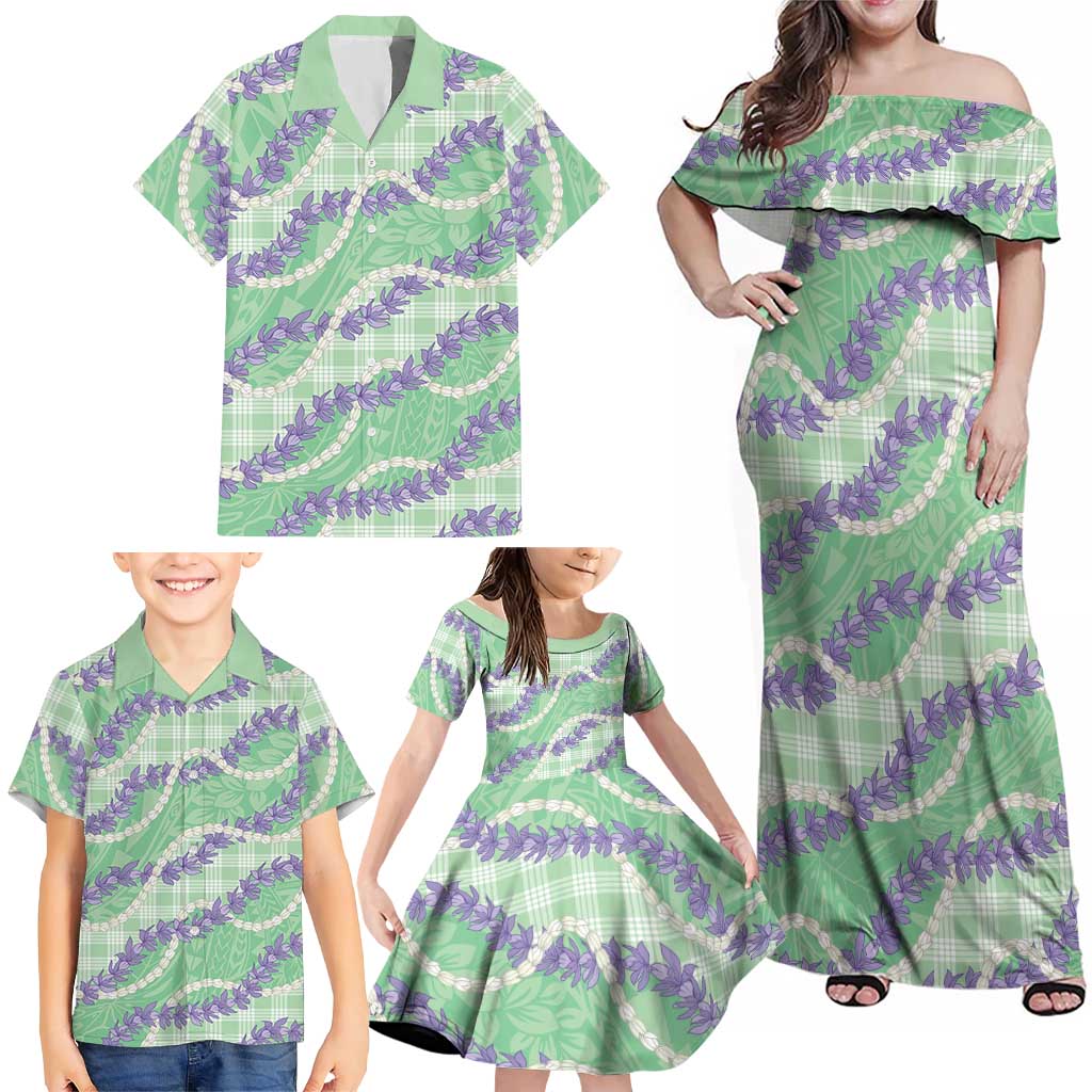 Pastel Green Hawaii Palaka Honohono Pikake Family Matching Off Shoulder Maxi Dress and Hawaiian Shirt Hawaiian Orchid Lei Polynesian Pattern - Polynesian Pride