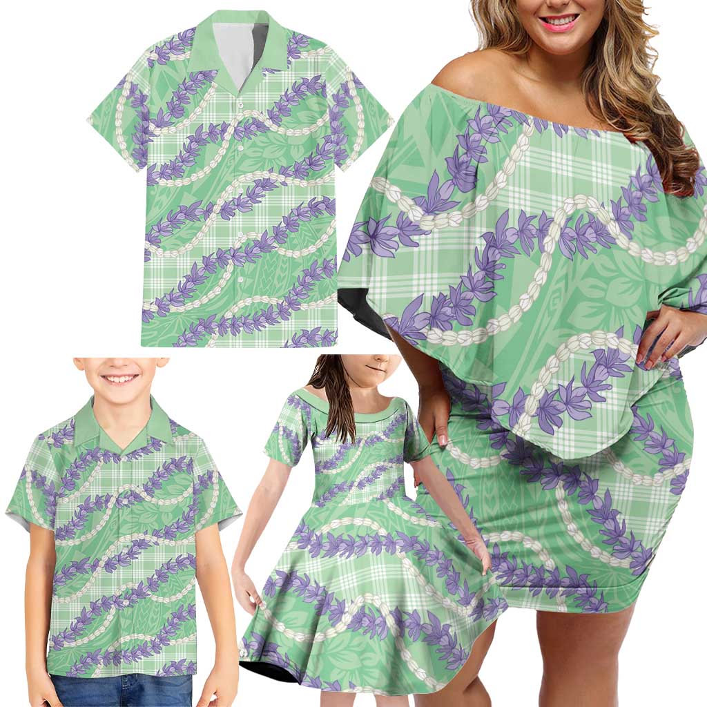 Pastel Green Hawaii Palaka Honohono Pikake Family Matching Off Shoulder Short Dress and Hawaiian Shirt Hawaiian Orchid Lei Polynesian Pattern - Polynesian Pride