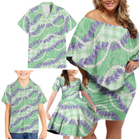 Pastel Green Hawaii Palaka Honohono Pikake Family Matching Off Shoulder Short Dress and Hawaiian Shirt Hawaiian Orchid Lei Polynesian Pattern LT14 - Polynesian Pride