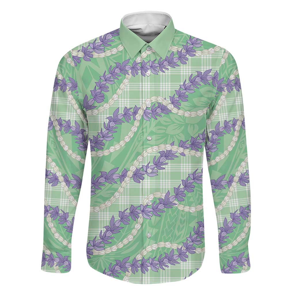 Pastel Green Hawaii Palaka Honohono Pikake Family Matching Off Shoulder Short Dress and Hawaiian Shirt Hawaiian Orchid Lei Polynesian Pattern LT14 Dad's Shirt - Long Sleeve Pastel Green - Polynesian Pride