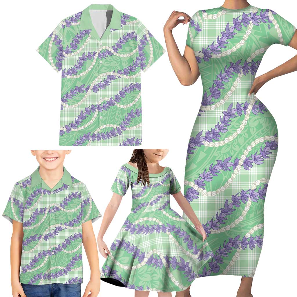 Pastel Green Hawaii Palaka Honohono Pikake Family Matching Short Sleeve Bodycon Dress and Hawaiian Shirt Hawaiian Orchid Lei Polynesian Pattern - Polynesian Pride