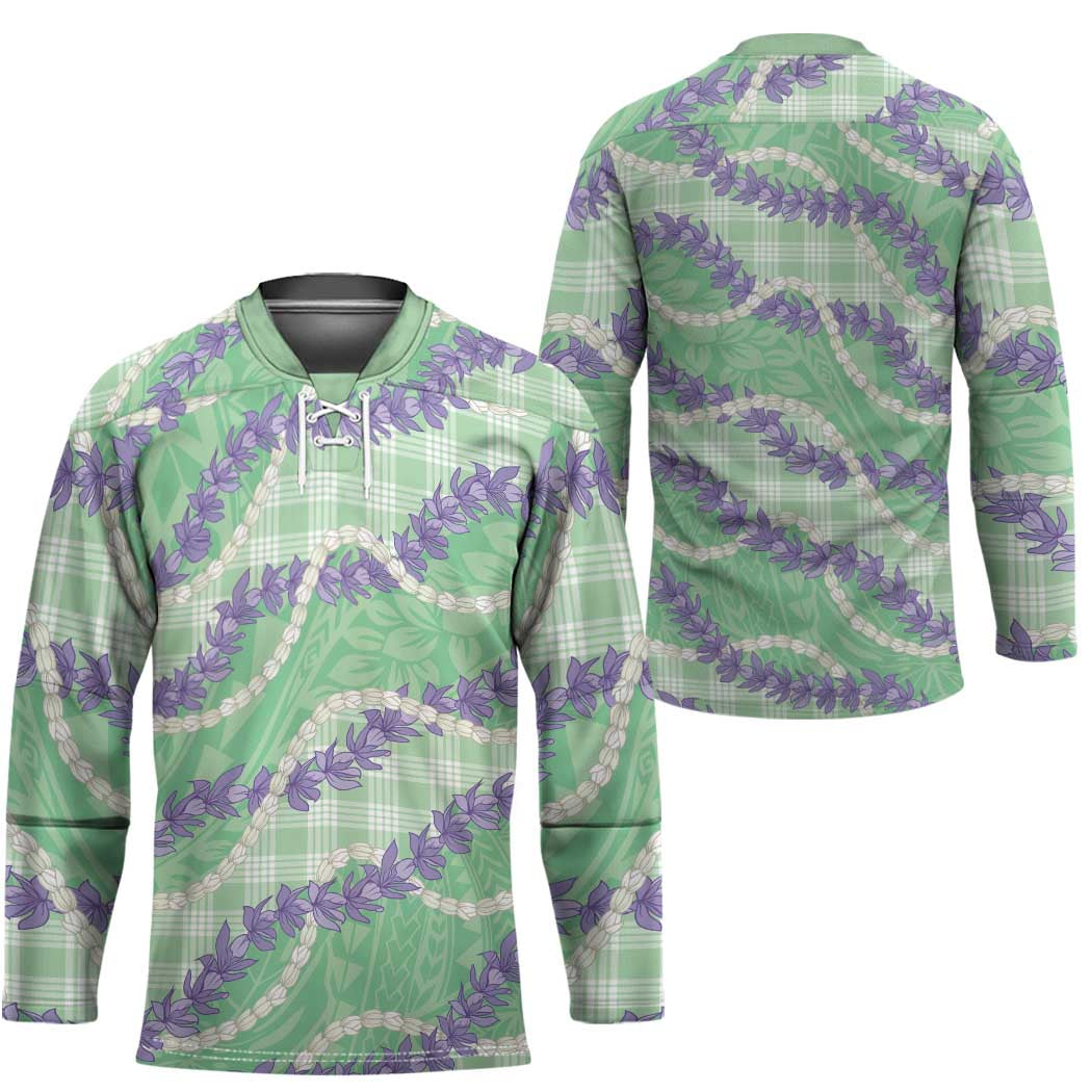 Pastel Green Hawaii Palaka Honohono Pikake Hockey Jersey Hawaiian Orchid Lei Polynesian Pattern - Polynesian Pride