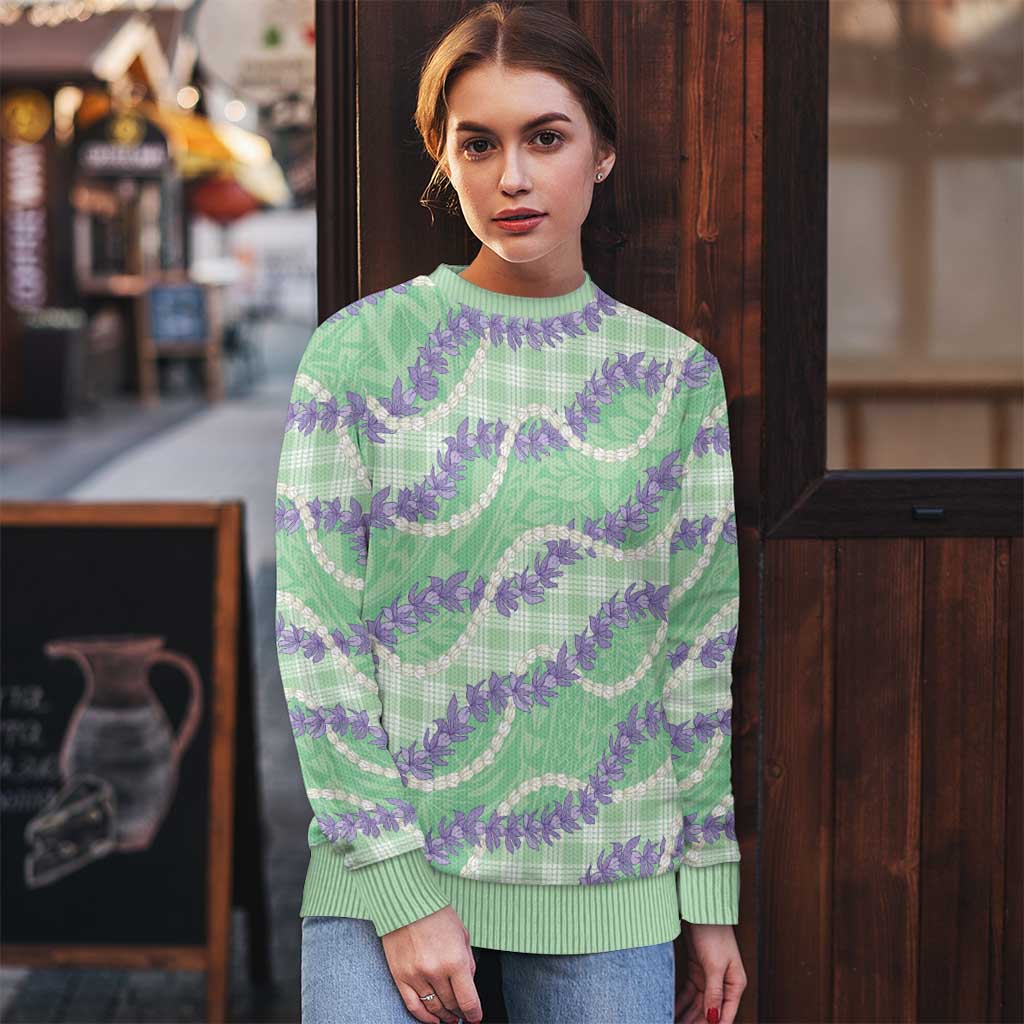 Pastel Green Hawaii Palaka Honohono Pikake Ugly Christmas Sweater Hawaiian Orchid Lei Polynesian Pattern - Polynesian Pride