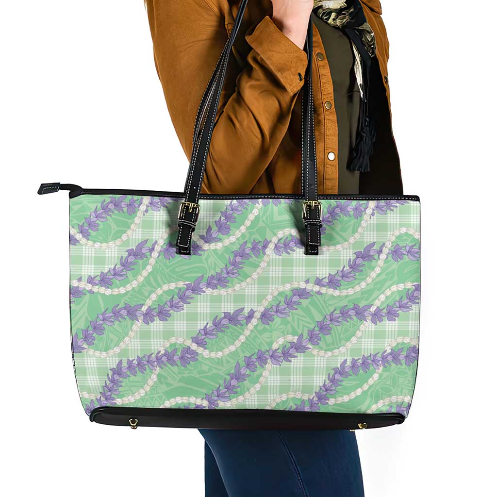 Pastel Green Hawaii Palaka Honohono Pikake Leather Tote Bag Hawaiian Orchid Lei Polynesian Pattern - Polynesian Pride