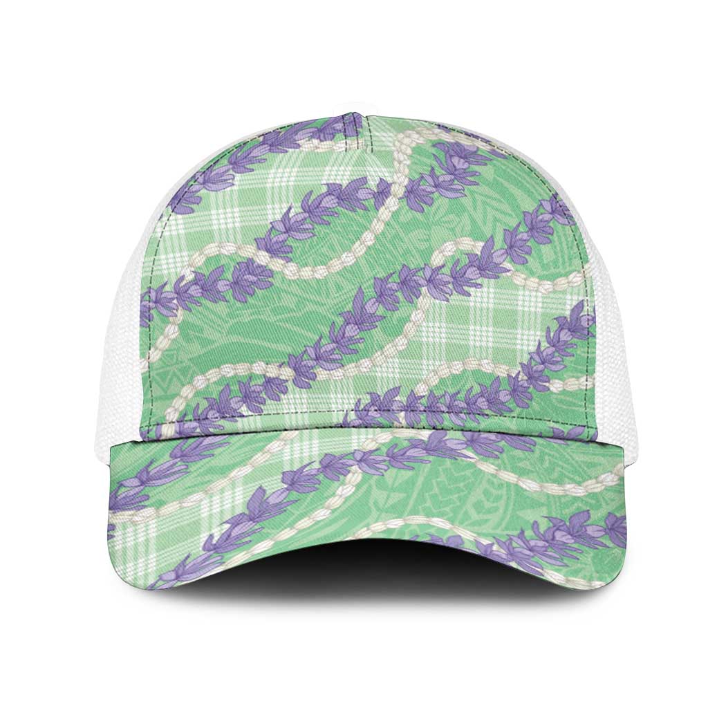 Pastel Green Hawaii Palaka Honohono Pikake Mesh Trucker Cap Hawaiian Orchid Lei Polynesian Pattern - Polynesian Pride