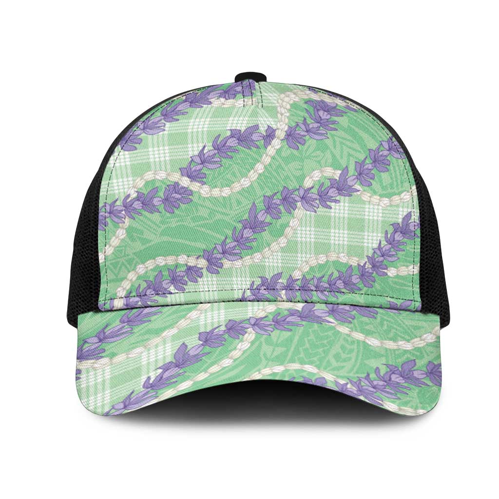 Pastel Green Hawaii Palaka Honohono Pikake Mesh Trucker Cap Hawaiian Orchid Lei Polynesian Pattern - Polynesian Pride